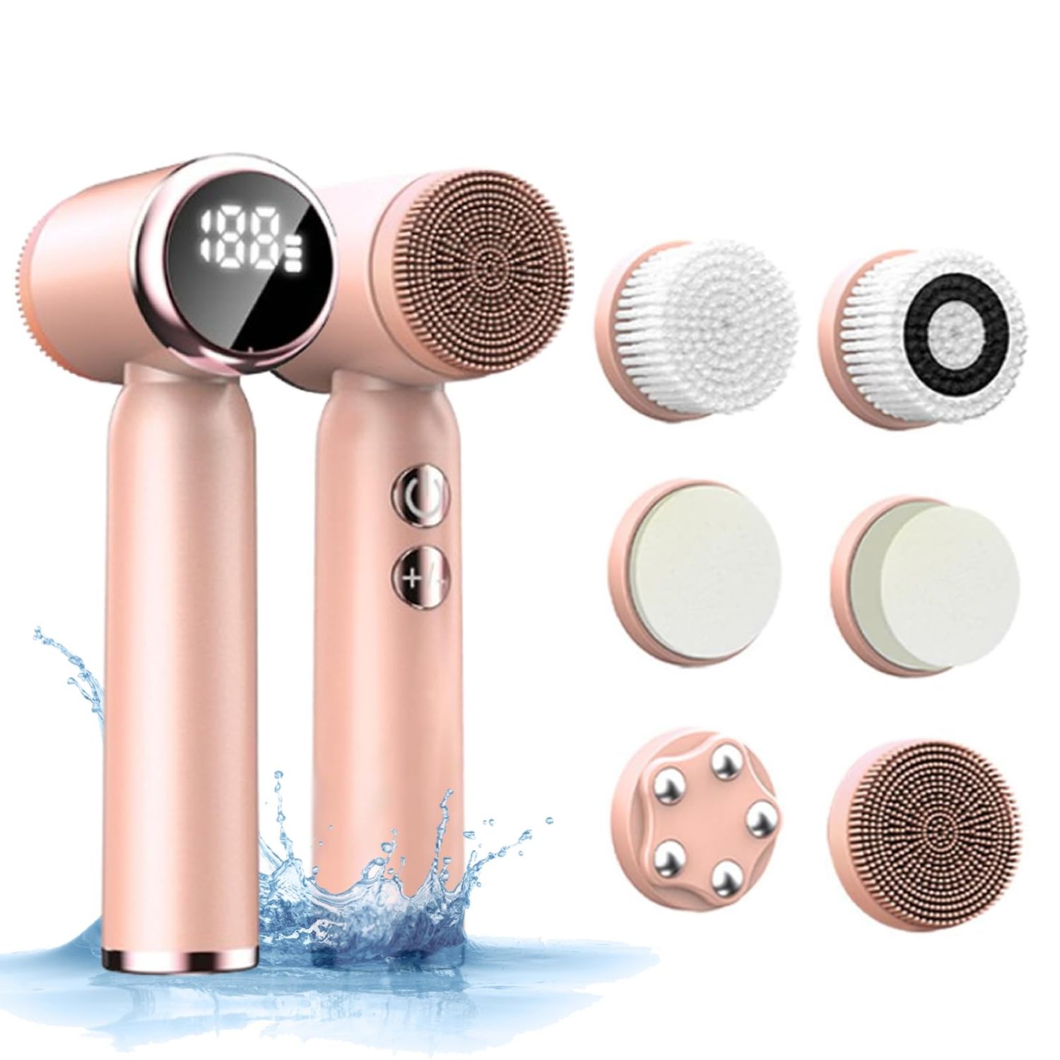 Facial Cleansing Brush, 6 in 1 Electric Face Scrubber with 6 Brush Heads and 3 Spin Speeds for Deep Cleansing, Waterproof Rechargeable Face Brushes for Dry Oily Sensitive Skin (Pink)