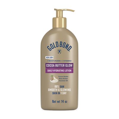 Gold Bond Cocoa Butter Glow Daily Hydrating Lotion with Shea Butter, Cocoa Butter &amp; Coconut Oil, Exfoliating Moisturizer for Dry Skin, 14 oz.