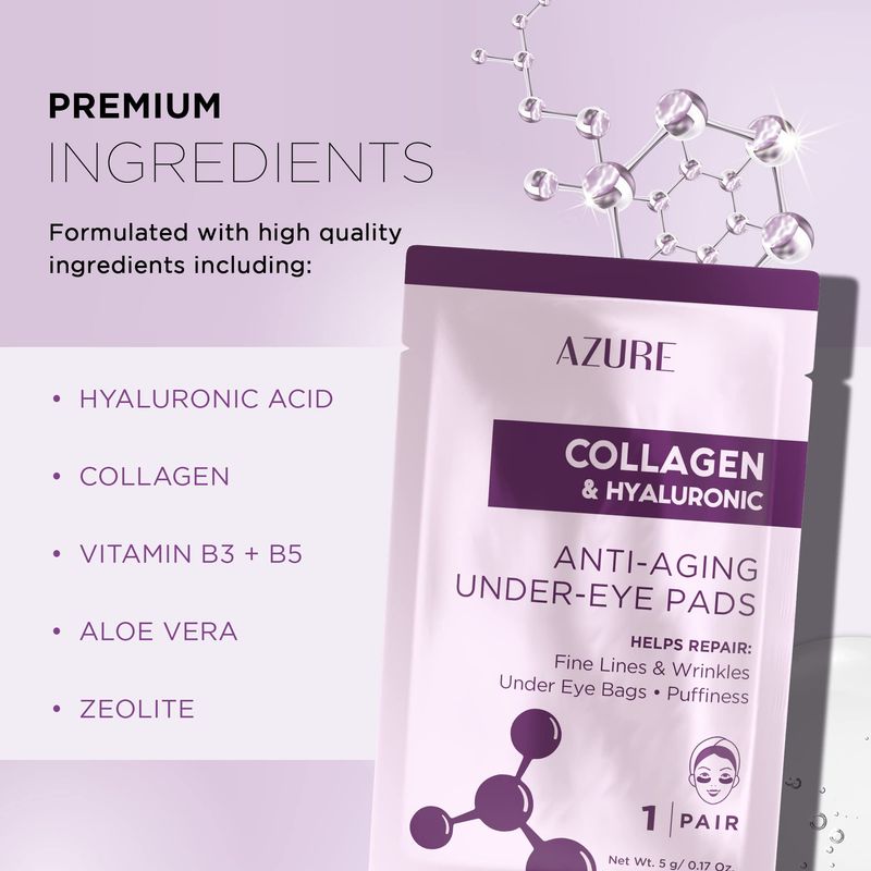 AZURE Collagen &amp; Hyaluronic Acid Anti Aging Under Eye Pads - Lifting &amp; Moisturizing Eye Mask Patches - Reduces Fine Lines, Wrinkles, Dark Circles &amp; Puffiness - Skin Care Made in Korea - 5 Pairs