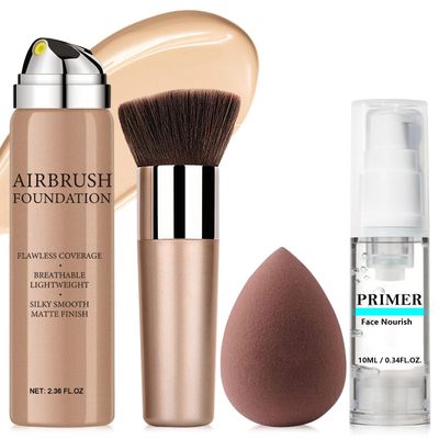 AirBrush Foundation Spray With Primer and Brush, Silky Mist Foundation Spray Makeup, Full Coverage Foundation for Smooth Radiant Finish, Formula Breathable Lightweight Hydrating (#3 Nude)