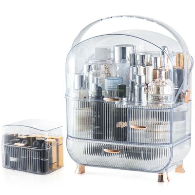 CANITORON Makeup Organizer for Vanity,Clear Skincare Organizer with Large Capacity and Lipstick Organizer,3-layer Cosmetic Display Case,Egg Shape(Oval) Cosmetic Storage Box including golden Handle.