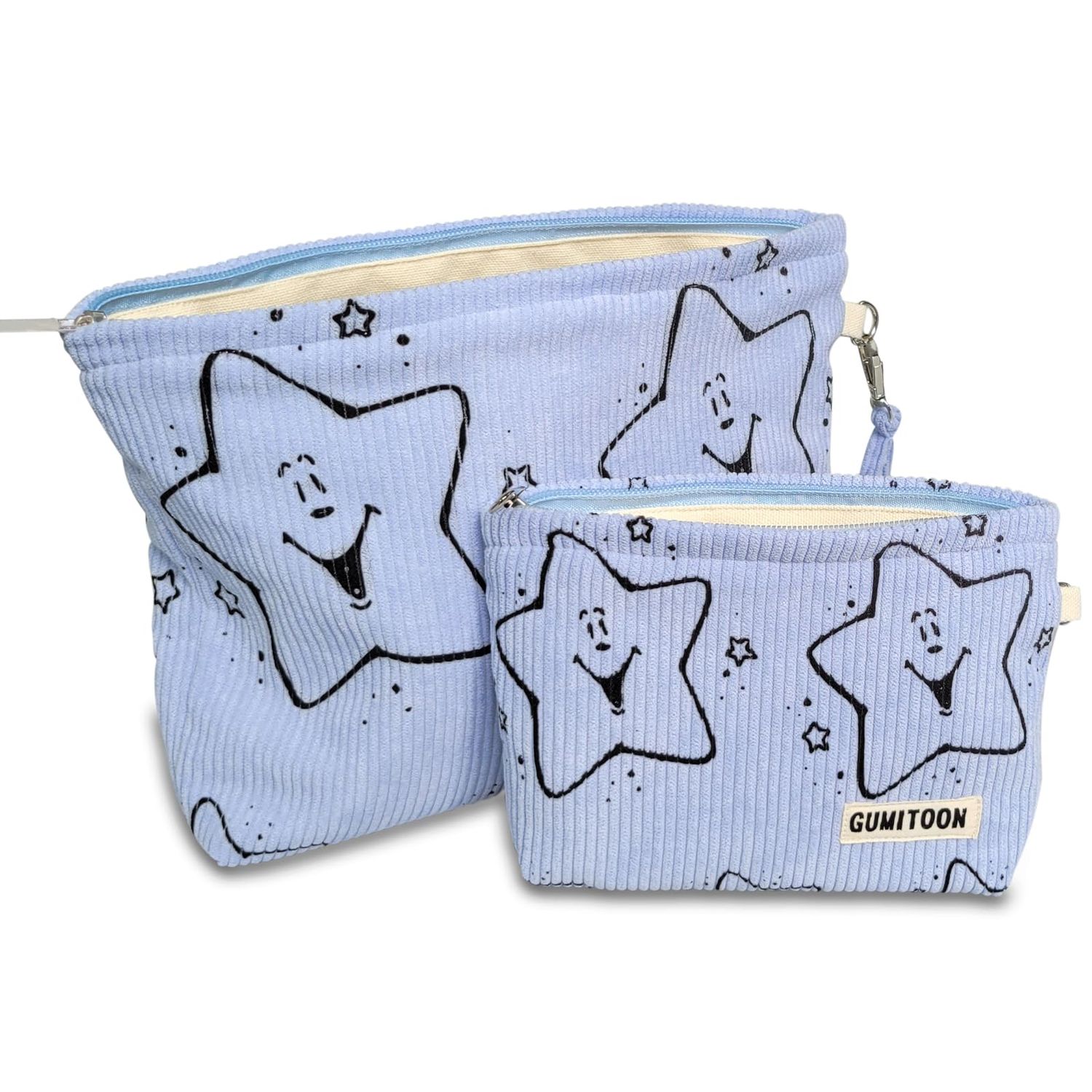 GUMITOON 2pcs Blue Star Corduroy Makeup Bag for woman-aesthetic cute stuff as pouch case and purse organizer for girl-cosmetic travel toiletry bag small baggu glossier