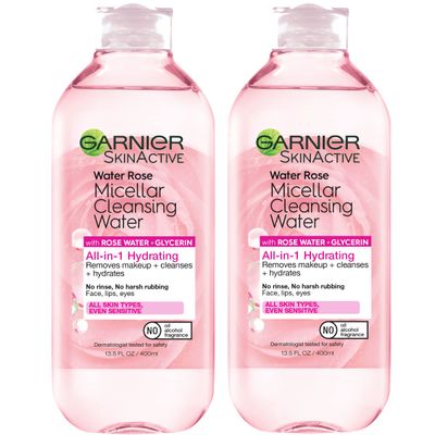 Garnier Micellar Water with Rose Water and Glycerin, Hydrating Facial Cleanser &amp; Makeup Remover, For All Skin Types, Vegan, Cruelty Free, 13.5 Fl Oz (400mL), 2 Count