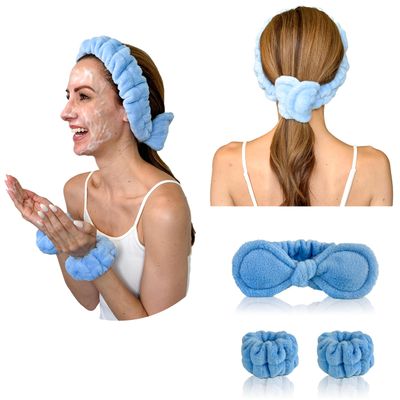 Gnarley Charley Skin Care Headband Set - Blue, Includes Face Washing Wristbands and Anti-slip Headband for Women