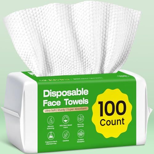 Elvira 100 Count Disposable Face Towels, Biodegradable Facial Clean Towels, Ultra Soft &amp; Thick Cloth for Sensitive Skin, Makeup Remover Dry Wipes, Lint-Free Towelettes for Cleansing