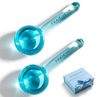 FRACHEUR ICE GLOBES | Frozen Cryo Roller for Cold Facial Massage | Skincare Cooling Glass Massager with Anti-Freeze Liquid Inside | Reduce Puffiness, Pores and | Bonus Massage Techniques eBook (BLUE)