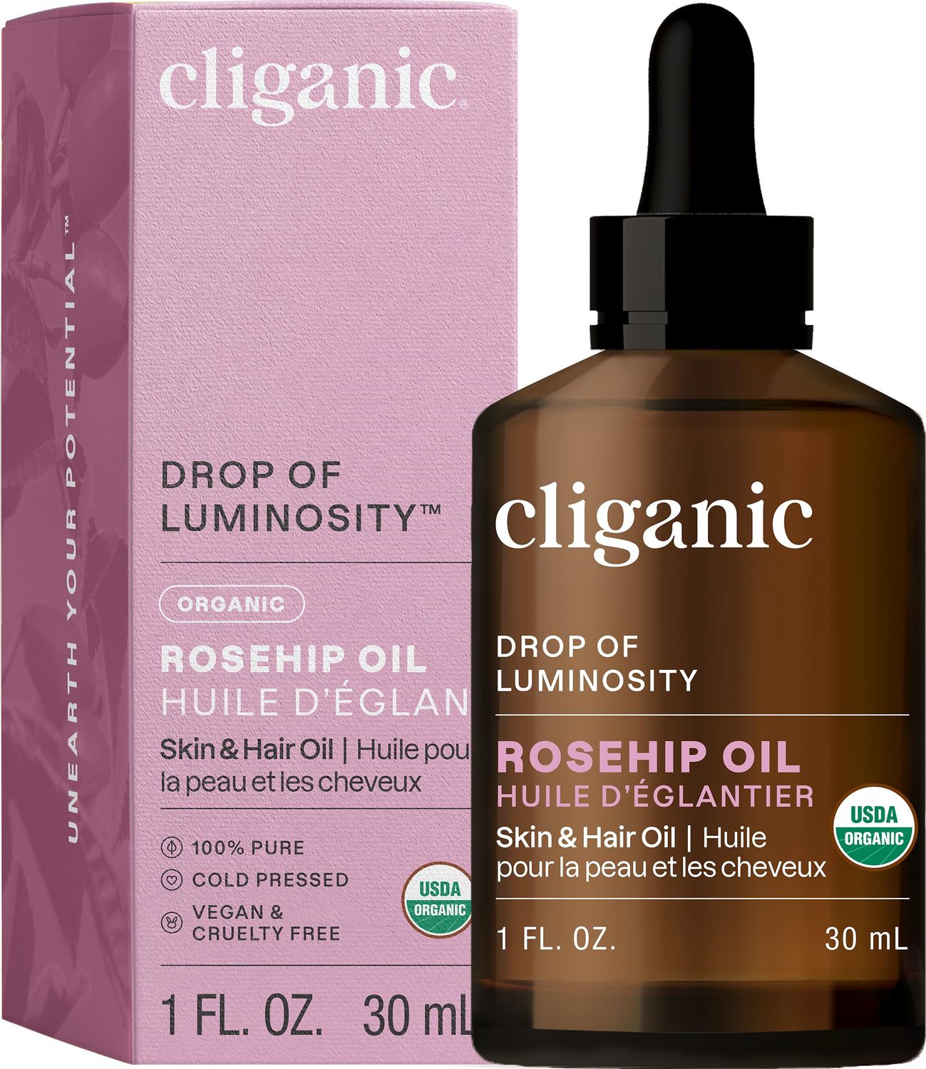 Cliganic Organic Rosehip Seed Oil for Face, 100% Pure | Natural Cold Pressed Unrefined Non-GMO | Carrier Oil for Skin, Hair &amp; Nails (Packaging May Vary)