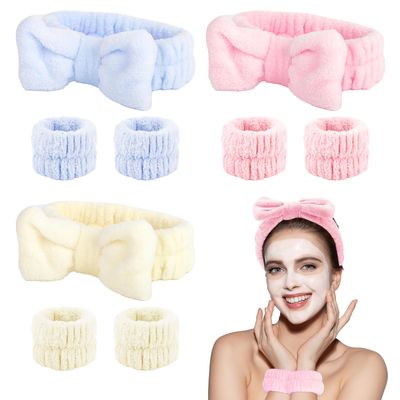 CAVETEE 9 Pcs Hairband and Wristband Set for Girls Kids, Spa Headbands for Washing Face, Face Wash Headband, Skincare Spa Headband and Waterproof Wrist Strap, Beige, Pink, Blue