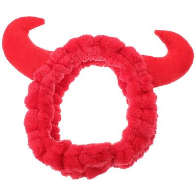 Beaupretty Spa Facial Headband Devil Horn Makeup Headwrap Coral Fleece Skincare Face Washing Headband for Women Girls Red
