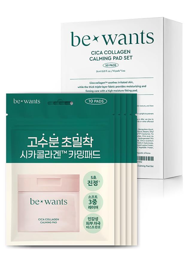 [K-Beauty] Bewants Cica Collagen Calming Facial Toning Pads Travel Kit | Centella Asiatica, Triple Hyaluronic Acid, 50 Pads | Instant Soothing, Moisturizing, Skin Texture Improvement | Korean Skincare