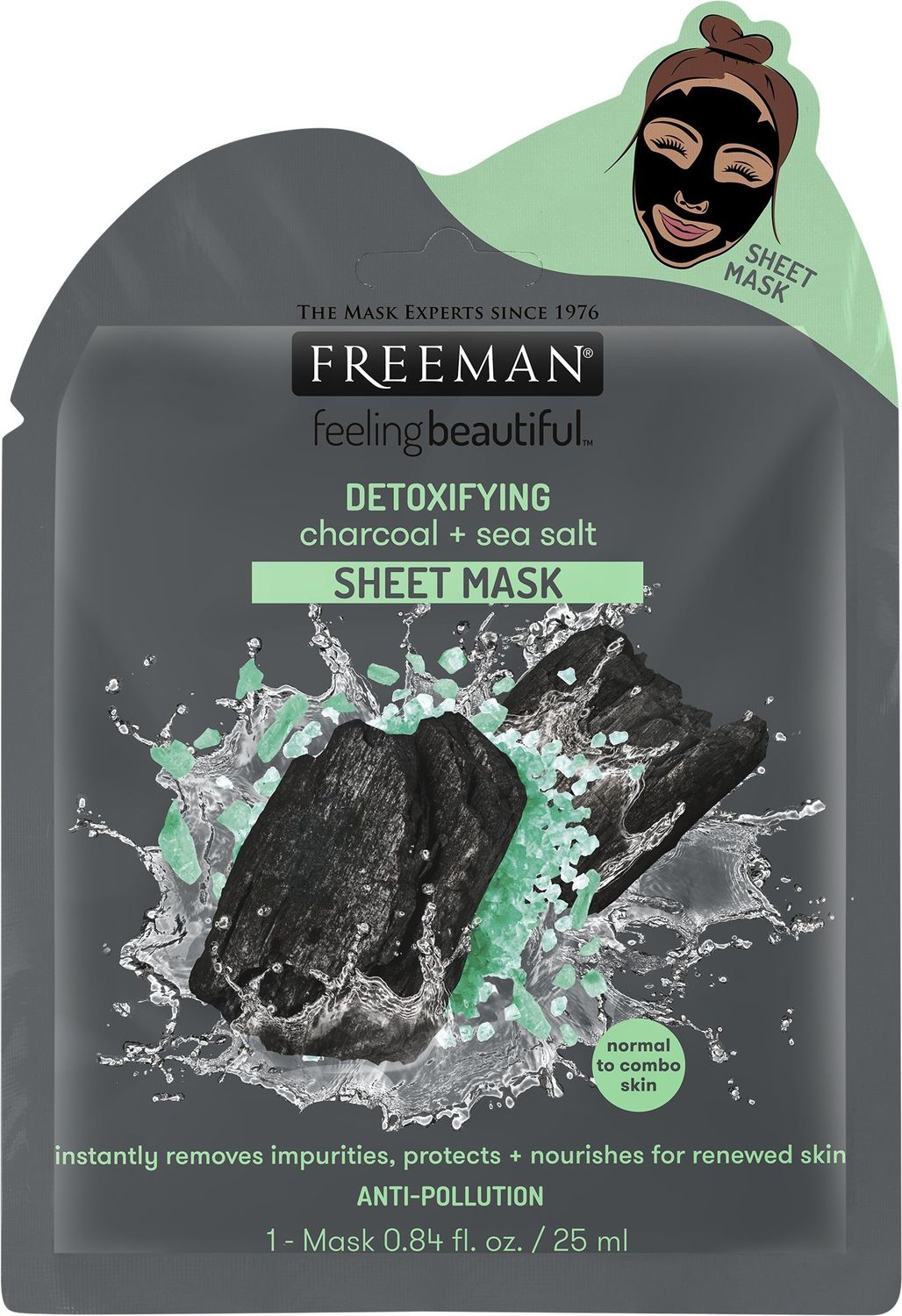 Feeling Beautiful Freeman Facial Charcoal+sea Salt Detoxify Sheet Mask, 2.4 Oz