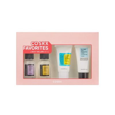 COSRX Favorites Best Sellers Set - Mini Sized Low pH Good Morning Gel Cleanser, AHA/BHA Clarifying Treatment Toner, Advanced Snail 96 Mucin Power Essence, Oil-Free Ultra Moisturizing Lotion