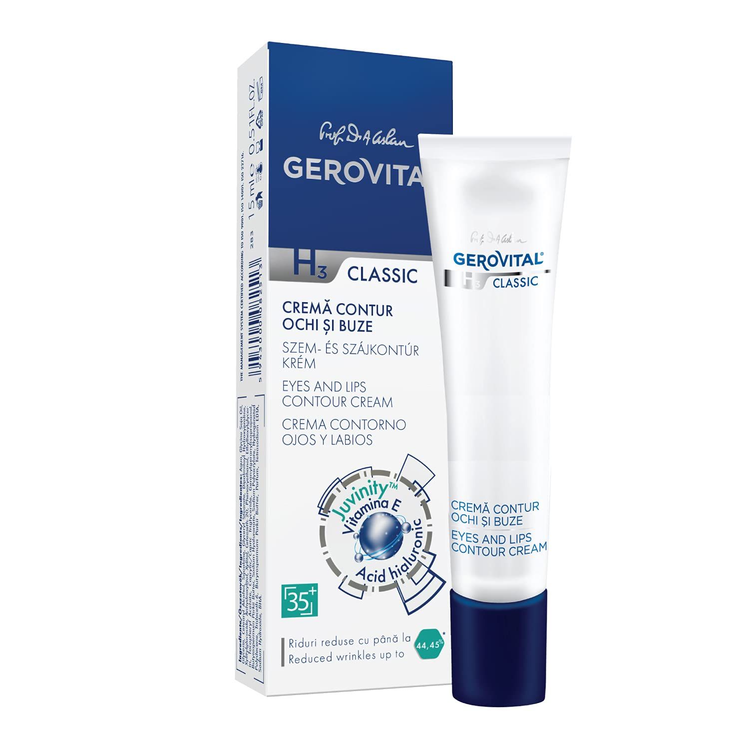 GEROVITAL CLASSIC Anti-wrinkle around Eyes and Lips Lifting Cream with Hyaluronic Acid, Vitamin E and Juvinity for Dark Circles, Fine Lines &amp; Wrinkles, 15 ml