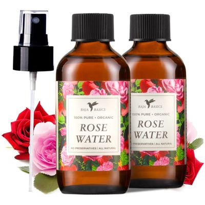 Baja Basics Rose Water Spray For Face, Body &amp; Hair Hydrating Facial Toner, Refreshing, Soothing Mist Moisturizer for Dry Skin - Vegan Beauty Skincare Products - 4oz 2 Pack