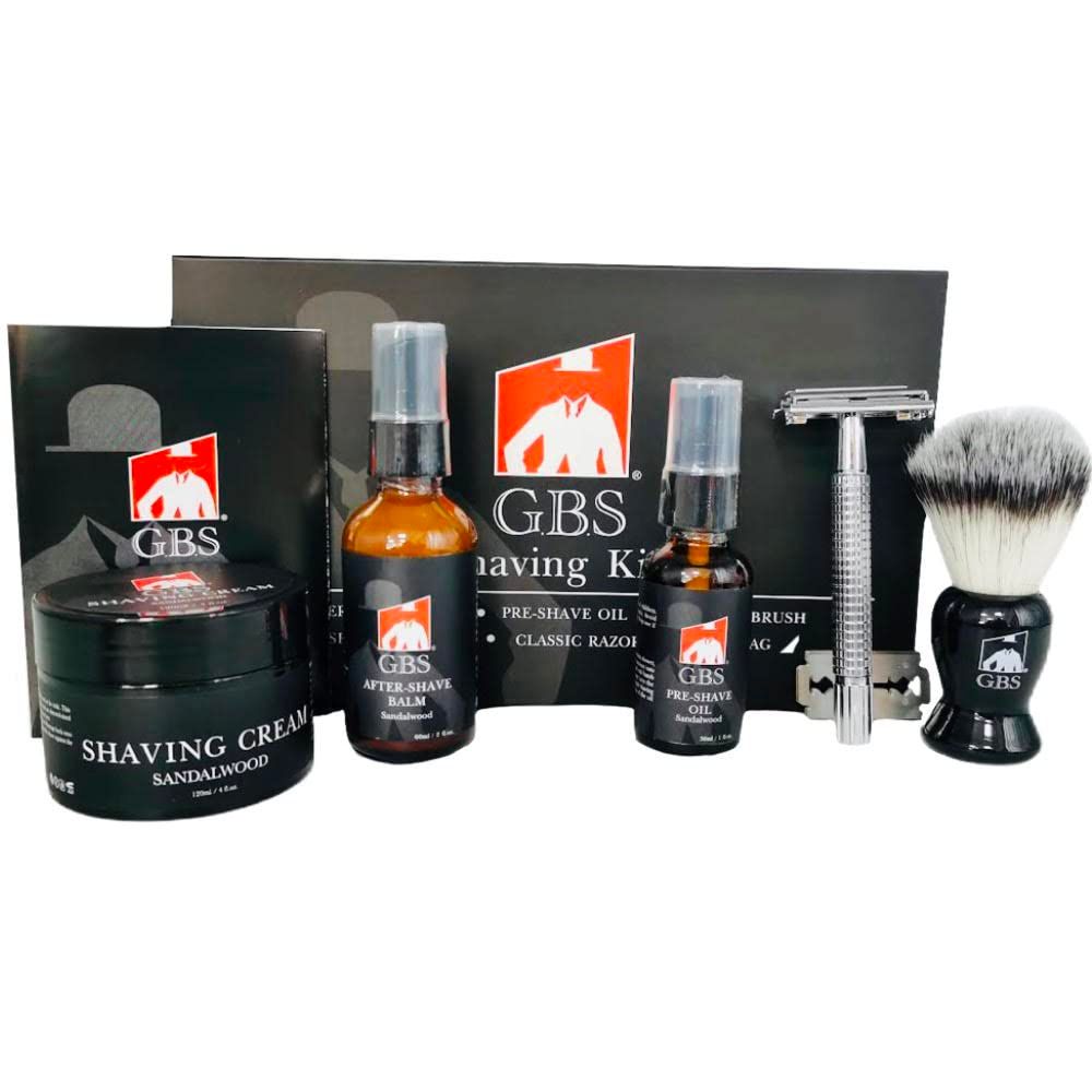 G.B.S Shaving Kit for Men with Safety Razor, Sandalwood Shaving Cream, Mens aftershave, Pre-Shave Oil, Shaving Brush
