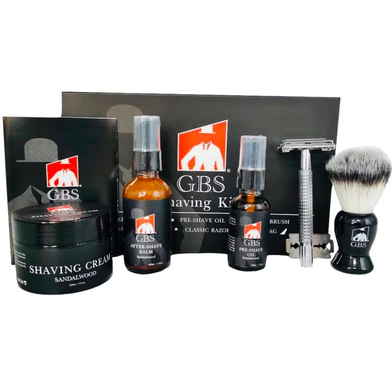 G.B.S Shaving Kit for Men with Safety Razor, Sandalwood Shaving Cream, Mens aftershave, Pre-Shave Oil, Shaving Brush