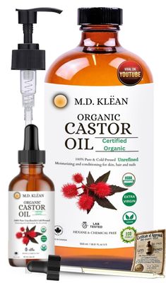 Generic M.D. KLEAN ORGANIC CASTOR OIL (500ml w/ 60ml Dropper) 100% Cold Pressed Unrefined Glass Bottles | Hexane Free | USDA Certified | Moisturizer and Conditionor For Skin,Hair &amp; Lashes.