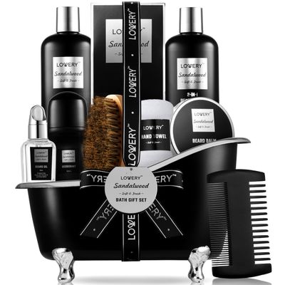 Christmas Beard Kit and Body Care Gifts for Men, Sandalwood Spa Gift Baskets, Mens Bath and Beard Grooming Kitf or Him, Unique Birthday Gifts for Him with Beard Balm, Growth Oil, Deodorant and More