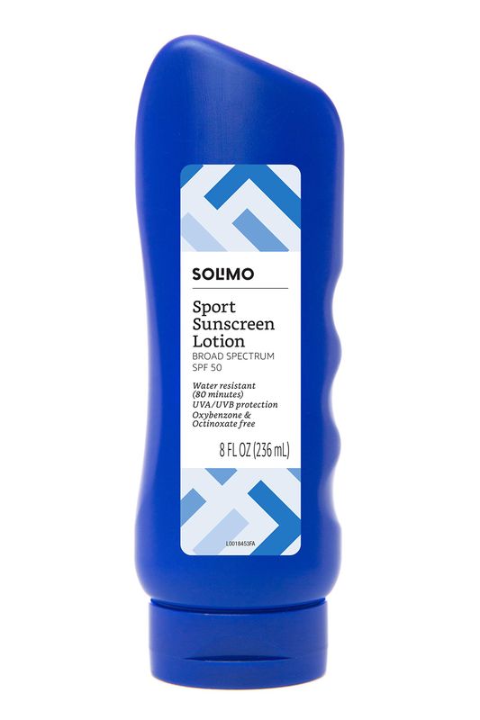 Amazon Brand - Solimo Sport Sunscreen Lotion, SPF 50, Formulated without Octinoxate &amp; Oxybenzone, Broad Spectrum UVA/UVB Protection, 8 fl oz (Pack of 1)