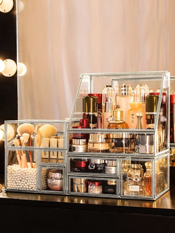 Glass Makeup Organizer for Vanity/Stackable 2Pieces Drawer Set/Antique Countertop Vanity Cosmetic Storage Box Mirror Glass Beauty Display, Holder for Brushes Lipsticks Skincare Toner (Silver)
