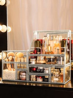 Glass Makeup Organizer for Vanity/Stackable 2Pieces Drawer Set/Antique Countertop Vanity Cosmetic Storage Box Mirror Glass Beauty Display, Holder for Brushes Lipsticks Skincare Toner (Silver)