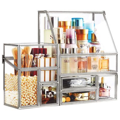 Glass Makeup Organizer for Vanity/Stackable 2Pieces Drawer Set/Antique Countertop Vanity Cosmetic Storage Box Mirror Glass Beauty Display, Holder for Brushes Lipsticks Skincare Toner (Silver)