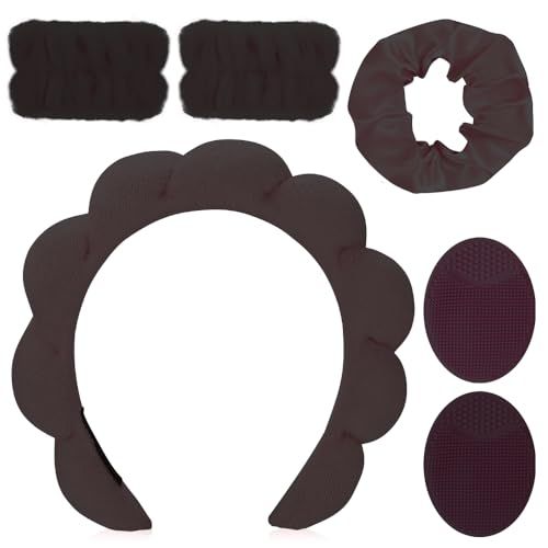 FOSUYI Spa Headband for Washing Face Sponge Bubble Headbands Face Wash headband and wristband set for Women Girls Makeup Skincare Cute Head Wear Portable Hair Accessory for Travel (Black)