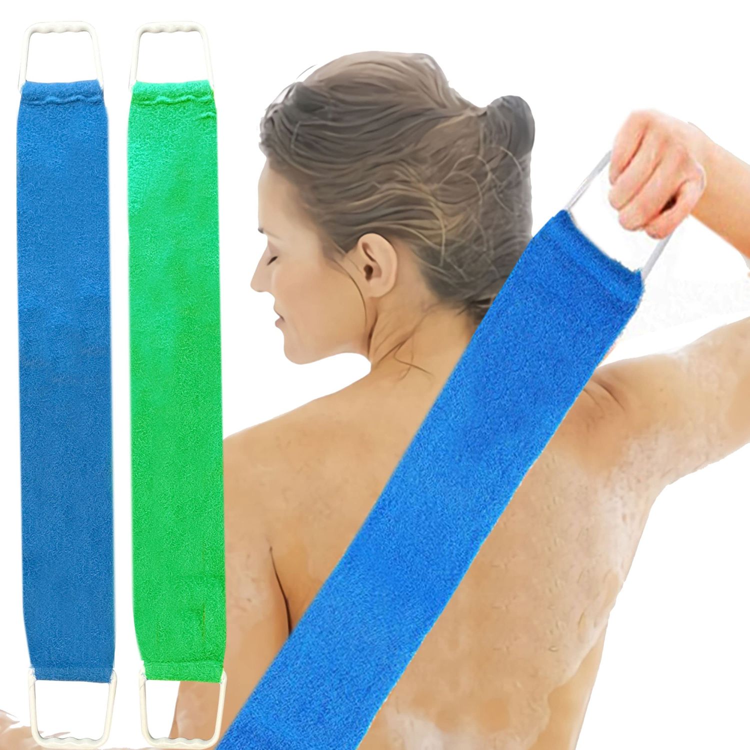 Back Scrubber for Shower for Men and Women | Extra-Long Exfoliating Shower Towel for Back Scrubbing | Exfoliation Back Cleaner Removes Dead Skin and Prevents Acne on Back- 2 Pack - Blue &amp; Green