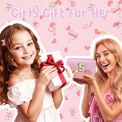 Elilier Kids Skin Care Set for Girls Ages 8-12, Chenille Letter Pouch Cosmetic Bag, Skin Care for Kids Toiletry Bag, Personalized Birthday Gift for Women Girl, Cute Preppy Stuff for Girls (Large)