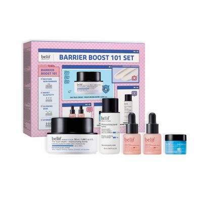 belif Barrier Boost 101 Limited Edition Set: Full Size Moisturing Bomb 50ml &amp; Deluxe Size Moisturizing Bomb Toner, 2x Retinol &amp; Peptide Barrier Serum, Moisturizing Eye Bomb, 5 Piece Kit
