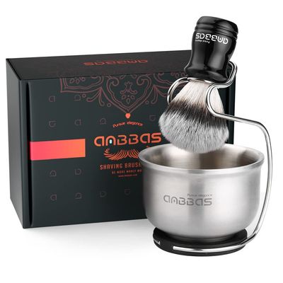 Anbbas 3in1 Vegan Style Synthetic Badger Hair Shaving Brush, 4&quot;OD Stainless Steel Shaving Soap Bowl and Higher Brush Holder Stand Set for Men Close Shave Kit