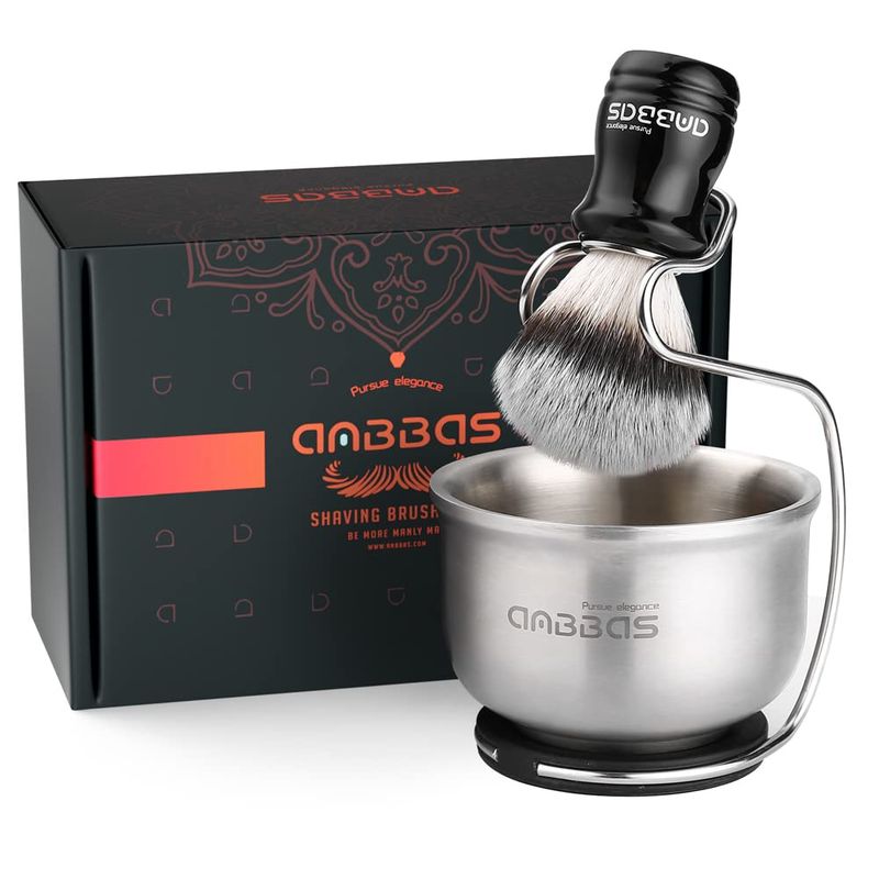 Anbbas 3in1 Vegan Style Synthetic Badger Hair Shaving Brush, 4"OD Stainless Steel Shaving Soap Bowl and Higher Brush Holder Stand Set for Men Close Shave Kit