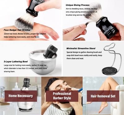 Anbbas 3in1 Vegan Style Synthetic Badger Hair Shaving Brush, 4"OD Stainless Steel Shaving Soap Bowl and Higher Brush Holder Stand Set for Men Close Shave Kit