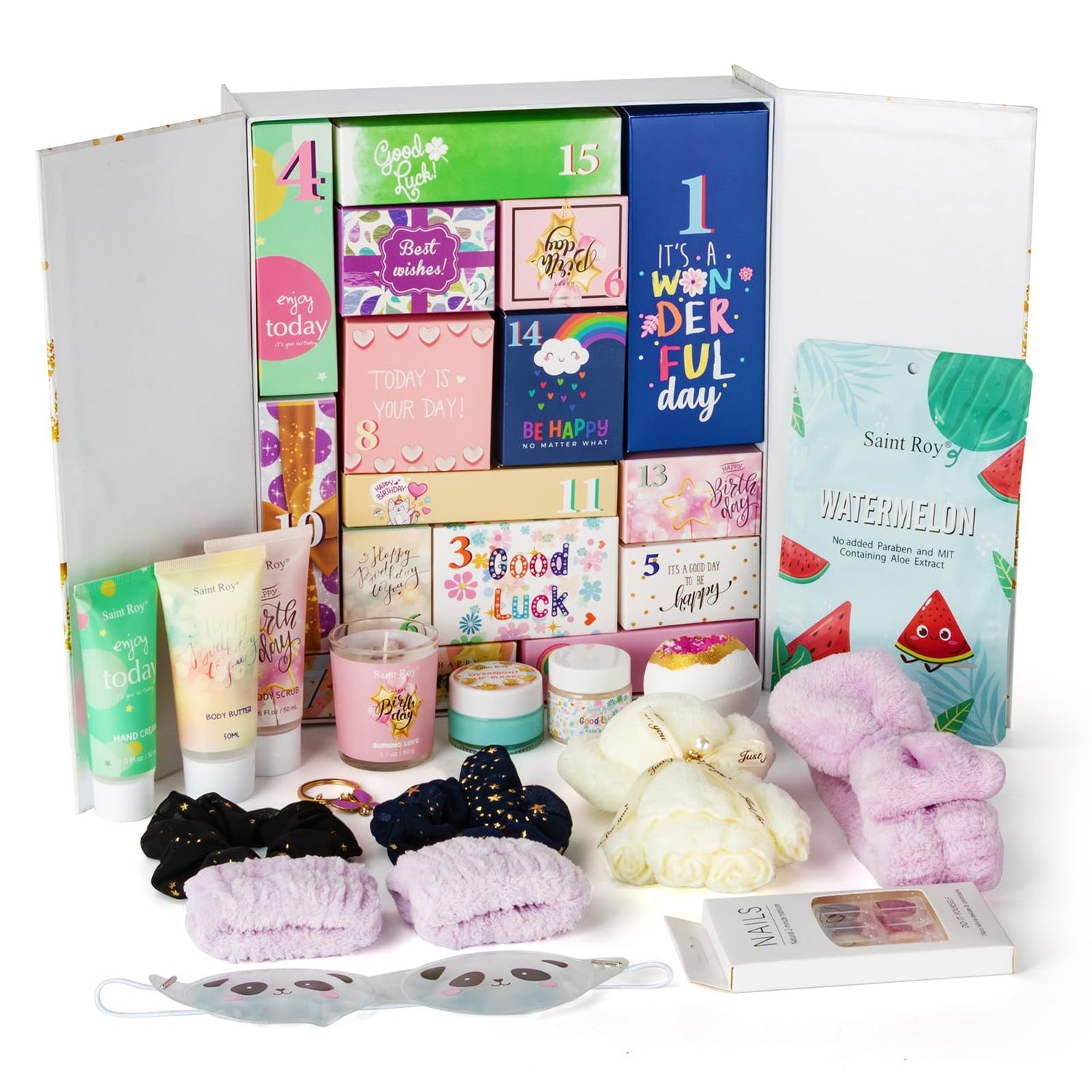 Birthday Gifts for WomenHappy Birthday Surprise Box, 15pcs Luxury Spa Gifts for Her, Gift Box for Teen Girls Unique with Hand Cream, Diy Nails Set, Skin Care Gift Sets for Women, Mom, Daughter