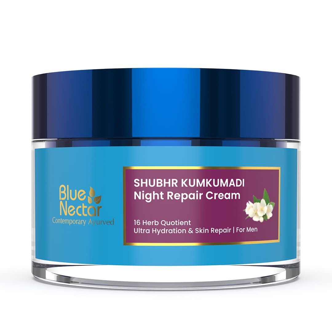 Blue Nectar Kumkumadi Night Cream with Jasmine for Deep Hydration with Kumkumadi Oil &amp; Organic Ghee | Plant-Based Moisturizer for Smooth, Radiant and Glowing Skin (Men, 16 Herbs, 1.7 Fl oz)