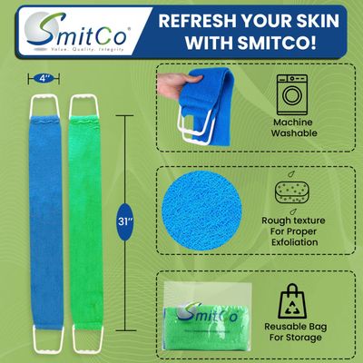 Back Scrubber for Shower for Men and Women | Extra-Long Exfoliating Shower Towel for Back Scrubbing | Exfoliation Back Cleaner Removes Dead Skin and Prevents Acne on Back- 2 Pack - Blue &amp; Green