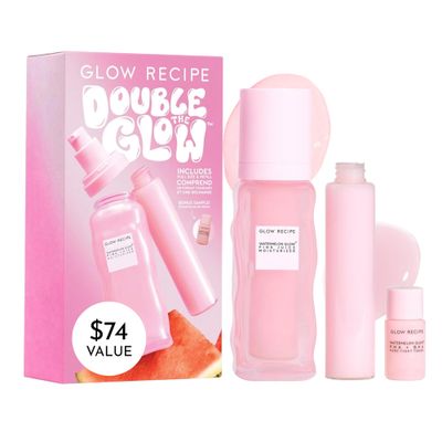 Glow Recipe Double The Glow Skincare Kit - Watermelon PHA + BHA Face Toner + Full Size and Refillable Pink Juice Face Moisturizer with Hyaluronic Acid for Dry Skin (3 Count)
