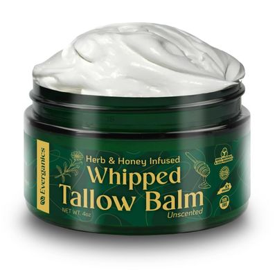 Everganics Organic Whipped Beef Tallow Balm | Honey Balm, Grass Fed Beef Tallow for Skin, Infused w/Herb - Manuka Honey | Beef Tallow for Face, Moisturizer for Eczema &amp; Dry Skin Relief | Unscented 4oz