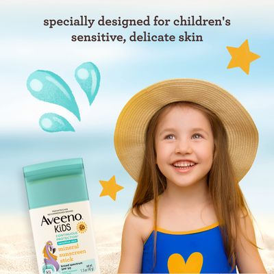 Aveeno Kids Continuous Protection Zinc Oxide Mineral Sunscreen Stick for Sensitive Skin, Face &amp; Body Sunscreen Stick for Kids with Broad Spectrum SPF 50, Sweat- &amp; Water-Resistant, 1.5 oz