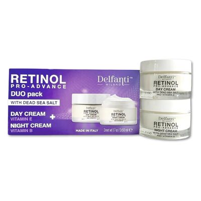 Delfanti-Milano  RETINOL PRO-ADVANCE  Anti-Aging DUO pack  Day + Night Creams  Face and Neck Moisturizers with Dead Sea Minerals and Vitamins E and B  Made in Italy