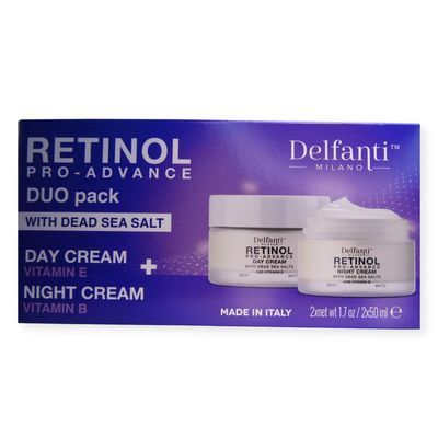 Delfanti-Milano  RETINOL PRO-ADVANCE  Anti-Aging DUO pack  Day + Night Creams  Face and Neck Moisturizers with Dead Sea Minerals and Vitamins E and B  Made in Italy