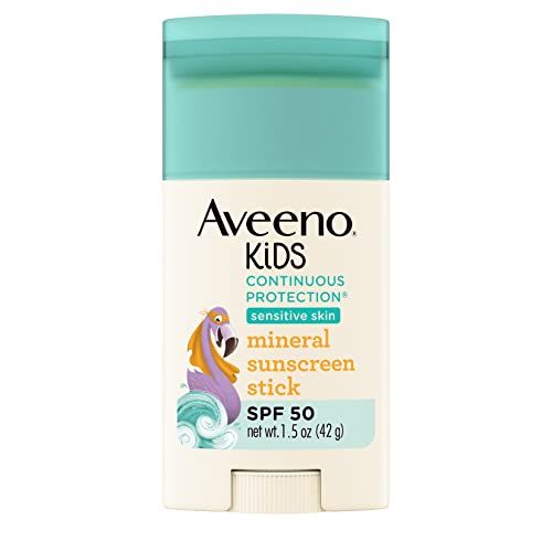 Aveeno Kids Continuous Protection Zinc Oxide Mineral Sunscreen Stick for Sensitive Skin, Face &amp; Body Sunscreen Stick for Kids with Broad Spectrum SPF 50, Sweat- &amp; Water-Resistant, 1.5 oz