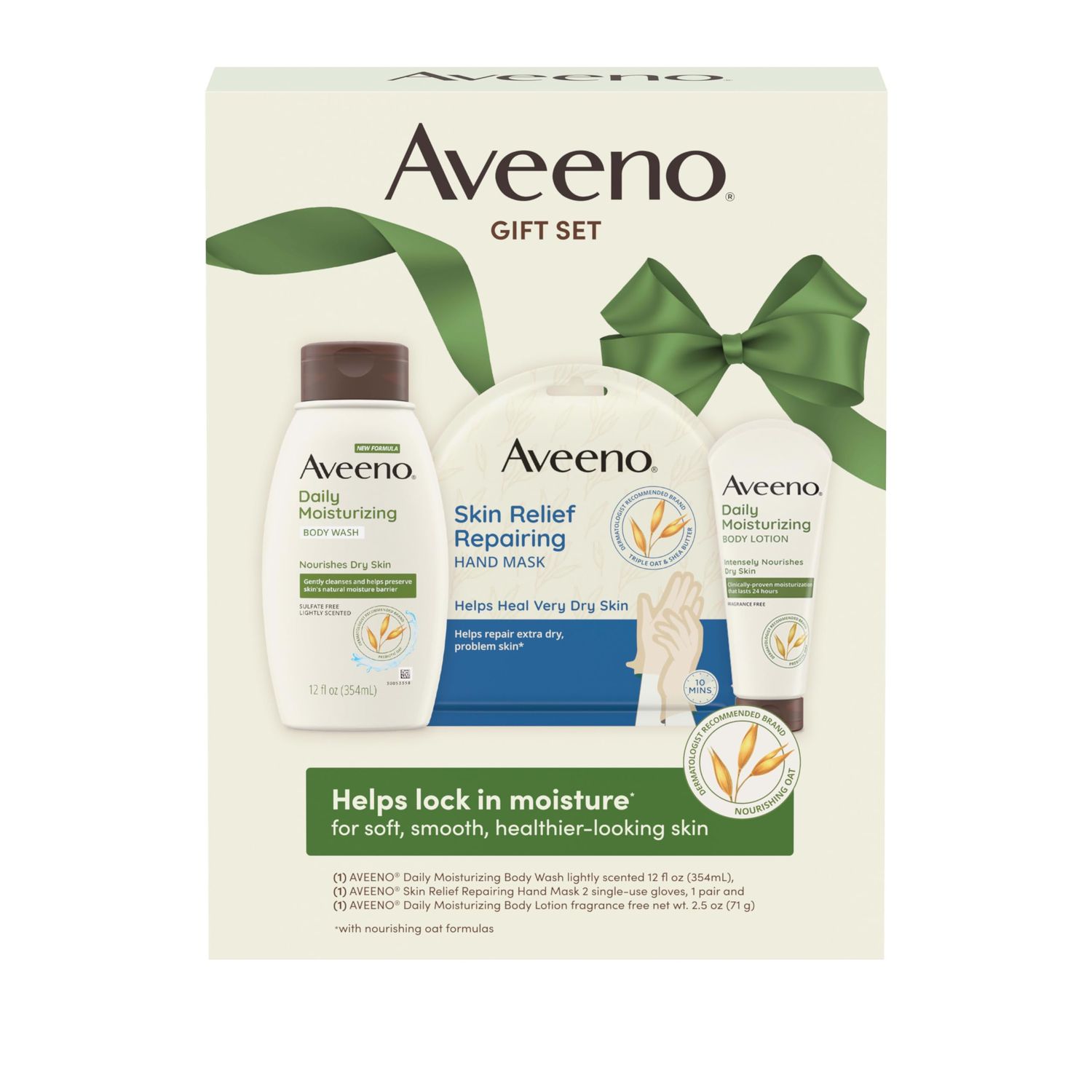 Aveeno Daily Moisture Gift Set, Skincare Set for Dry Skin with Nourishing Body Lotion, Moisturizing Body Wash, &amp; Skin Relief Hand Mask, Formulated with Prebiotic Oat, Paraben-Free, 3 Items