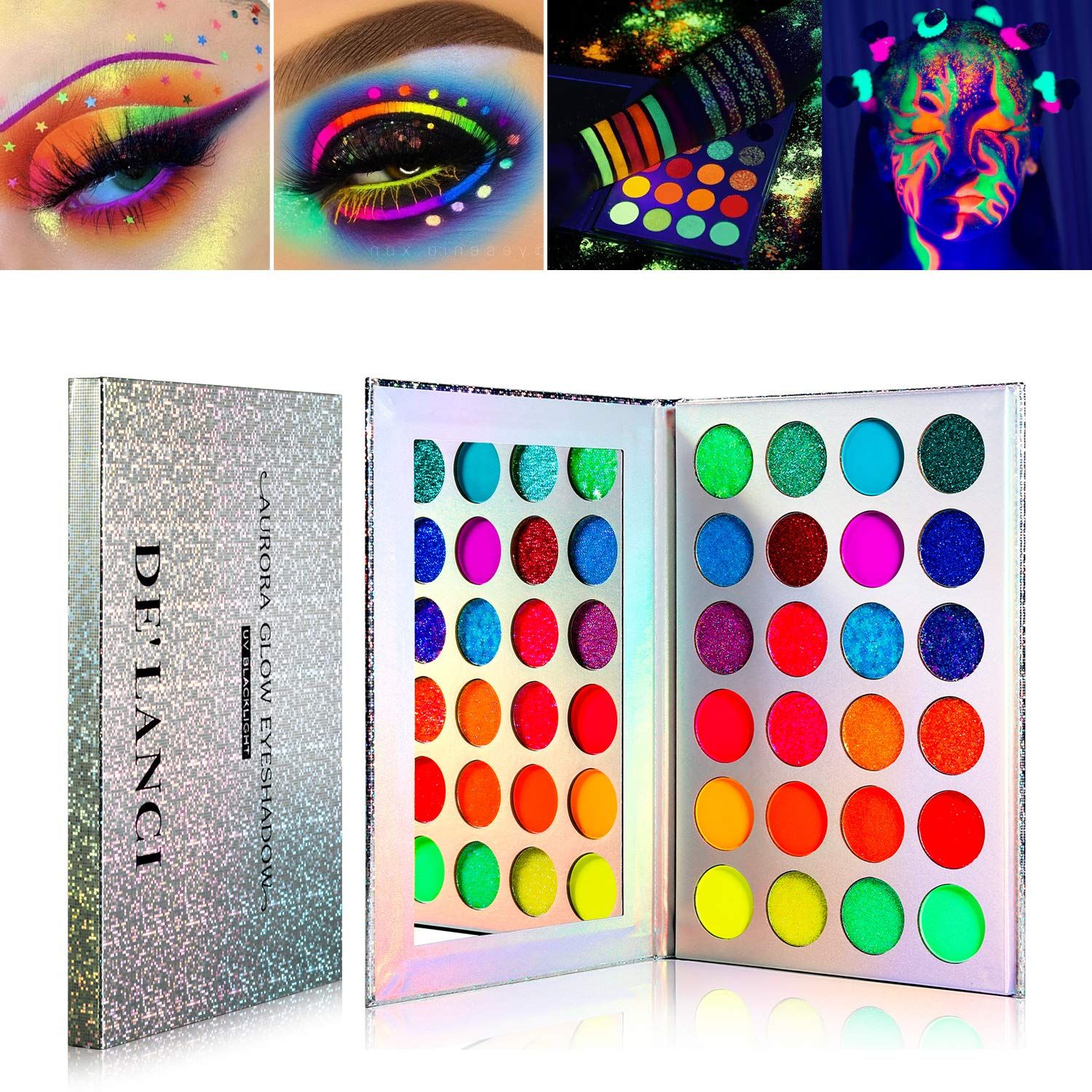 DE&#39;LANCI Neon Eyeshadow Palette Glow in the Dark, Aurora Glow Eyeshadow Pallets Stage, Halloween Christmas Makeup Kit UV Blacklight Matte and Glitter Fluorescent Eye Shadows Highly Pigment