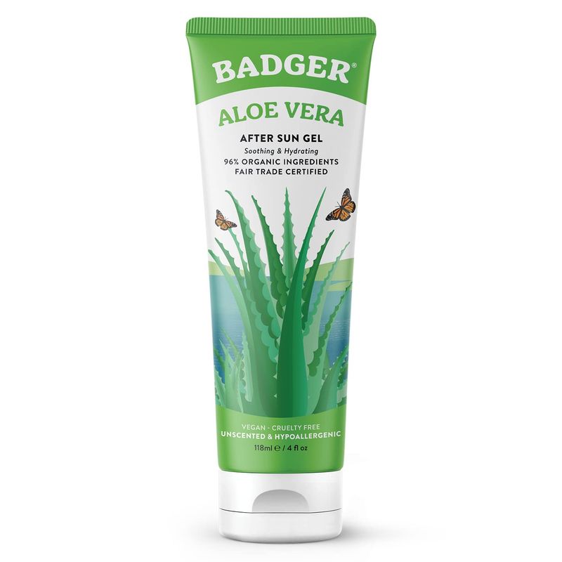 Badger Aloe Vera Gel for Sunburn Relief, Fair Trade &amp; Organic After Sun Care, Pure Cooling Soothing Aloe Vera Gel for Face &amp; Skin, Hypoallergenic &amp; Unscented, 4 fl oz