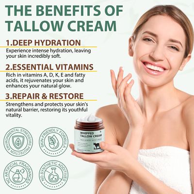 Beef Tallow for Skin, Tallow and Honey Balm (4.2 Oz), Tallow Face Moisturizer, Organic Grass Fed Whipped Beef Tallow with Honey Beeswax, Deeply Moisturizing for Face &amp; Body, Unscented Fast Absorption