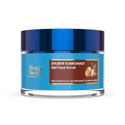 Blue Nectar Kumkumadi Gel Scrub | Non-Drying Face Scrub for Glowing Skin and Tan Removal | Plant Based Vitamin E | with Almond, Turmeric and Walnut, (10 Herbs, 1.76 fl oz)