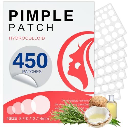 450 Pimple Patches for Face, Hydrocolloid Acne Patches for Zit Covers, Invisible Skin Stickers for Blemish Spot Treatment, 4 Sizes, with Salicylic Acid, Tea Tree &amp; Coconut Oil