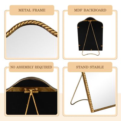 GIFTTROVE Vintage Desk Makeup Mirror, Antique Gold Vanity Table Mirror, Metal Framed Scalloped Small Standing Mirror with Beaded, 360 Adjustable Rotation for Tabletop, Bedroom 11.8 x 7.8"