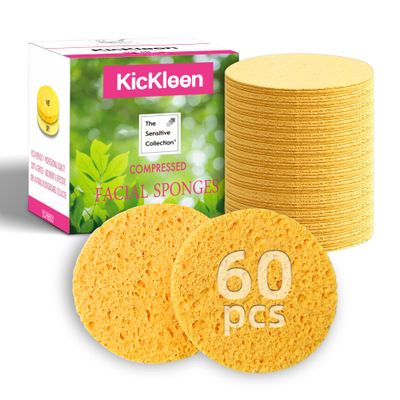 60-Count Compressed Facial Sponges|100% Natural Kickleen Cellulose Cosmetic Spa Sponges for Daily Facial Cleansing|Makeup and Mask Removal | Exfoliating | Skin Massage | Pore Exfoliation (Yellow)